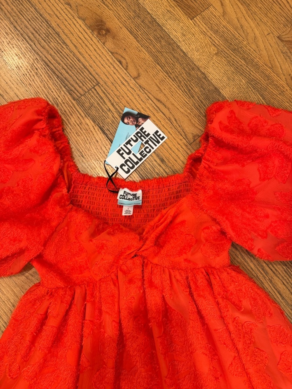 Future Collective Orange Puff Sleeve Mini Dress Top - Picture 5 of 6